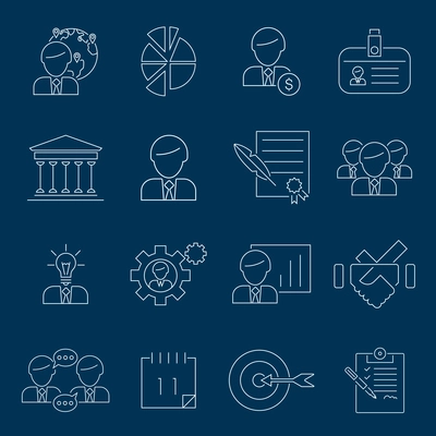 Business management icons outline set with global network chart investment id isolated vector illustration