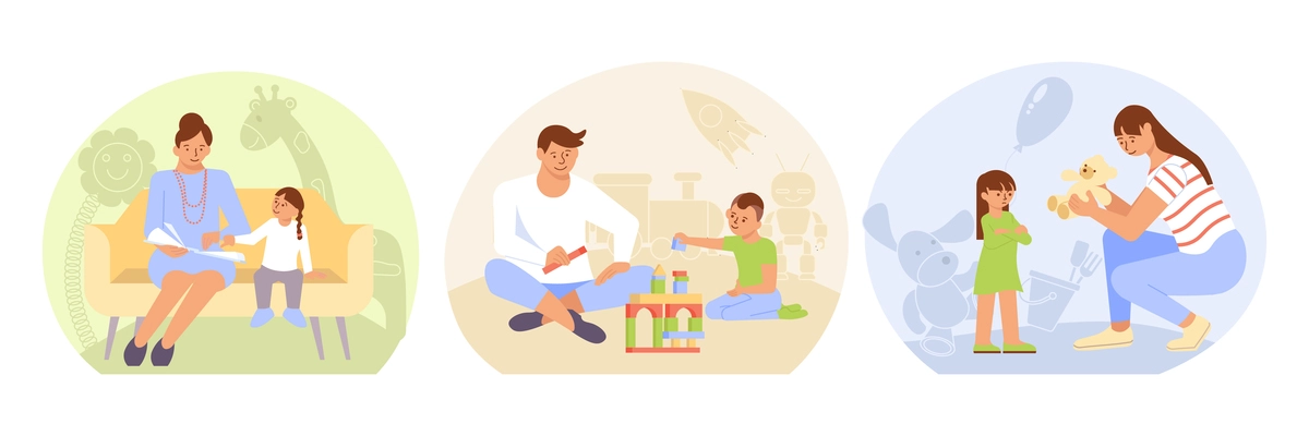 Parenting flat composition set with mother and father reading and playing with their kids isolated vector illustration