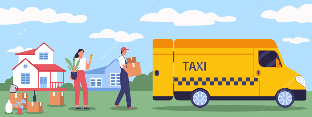 The girl is relocating with the help of a cargo taxi flat vector illustration