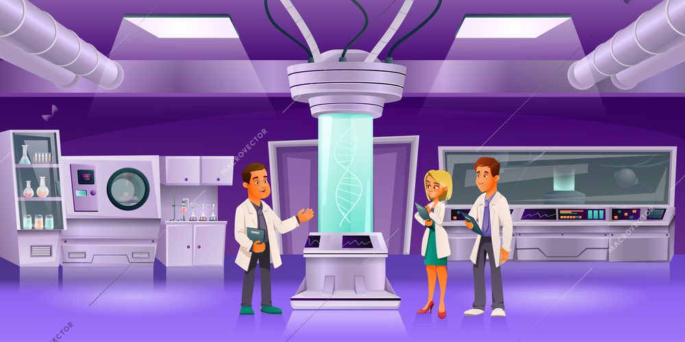 Scientists colored cartoon composition three employees discuss the results of experiment in the laboratory vector illustration