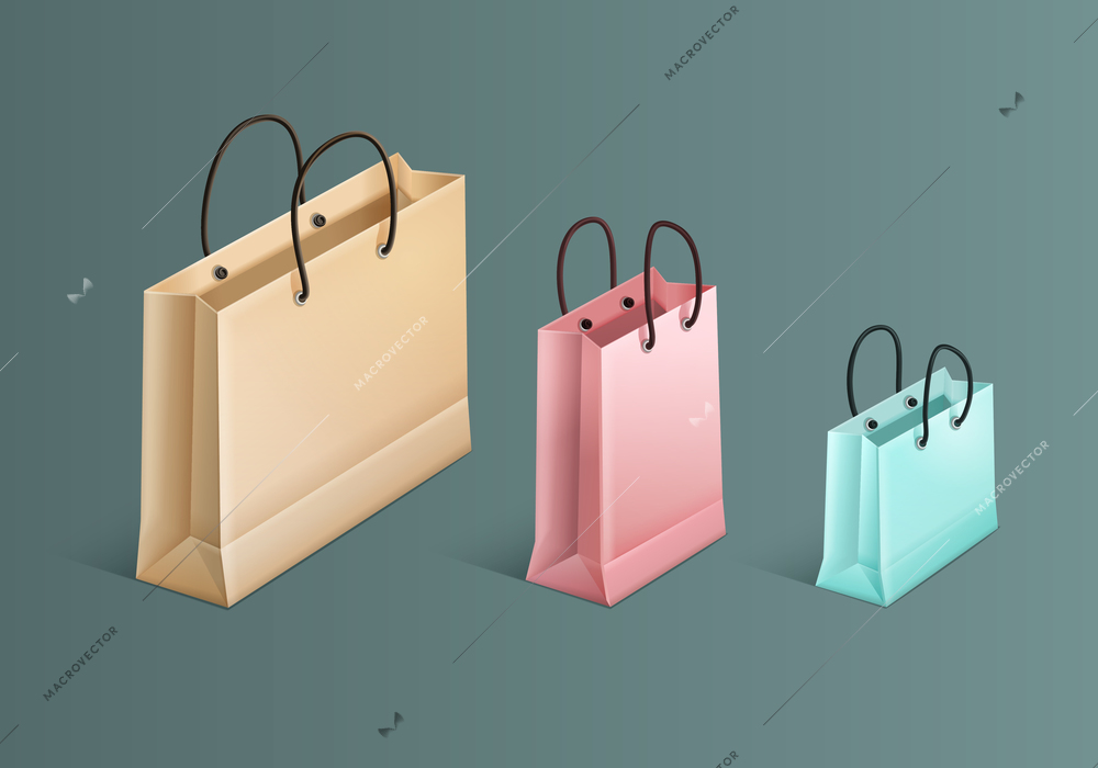 Shopping bag realistic colored concept three different packages from small to large vector illustration