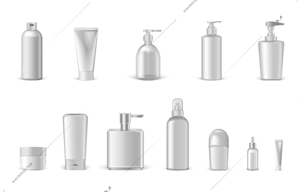 Cosmetics package realistic set with isolated images of mockup containers with spraying caps dispensers vector illustration