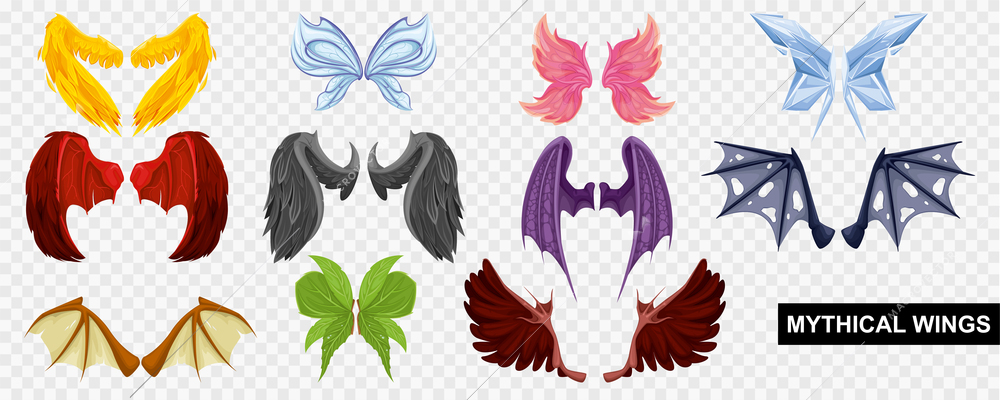 Mythical wings set with transparent background with transparent images with cheerful insta masks and fancy wings vector illustration