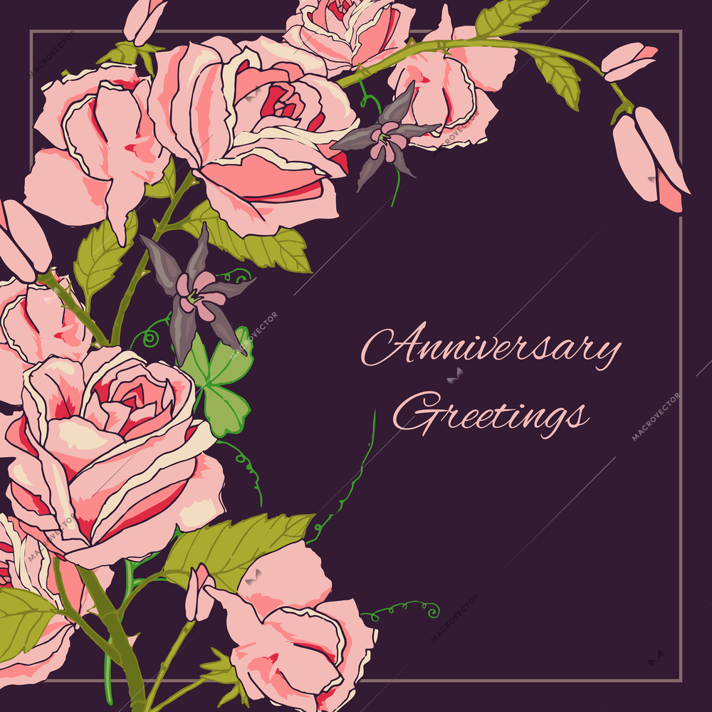 Vintage rose flowers wedding anniversary postcard with dark background vector illustration