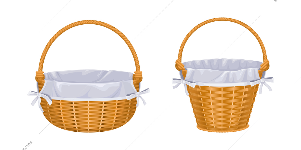 Set of two isolated baskets with isolated images of baby basket with clothe and pure blanket vector illustration