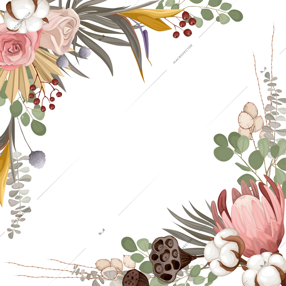 Boho dried flowers composition with empty space surrounded by fresh leaves and flowers with ripe leaves vector illustration