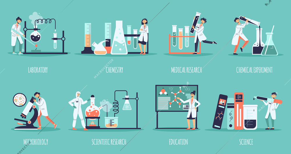 Science laboratory composition set with laboratory chemistry medical research chemical experiment microbiology and other descriptions vector illustration