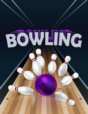 Realistic bowling vertical composition with text and perspective view of bowling track with pins and ball vector illustration