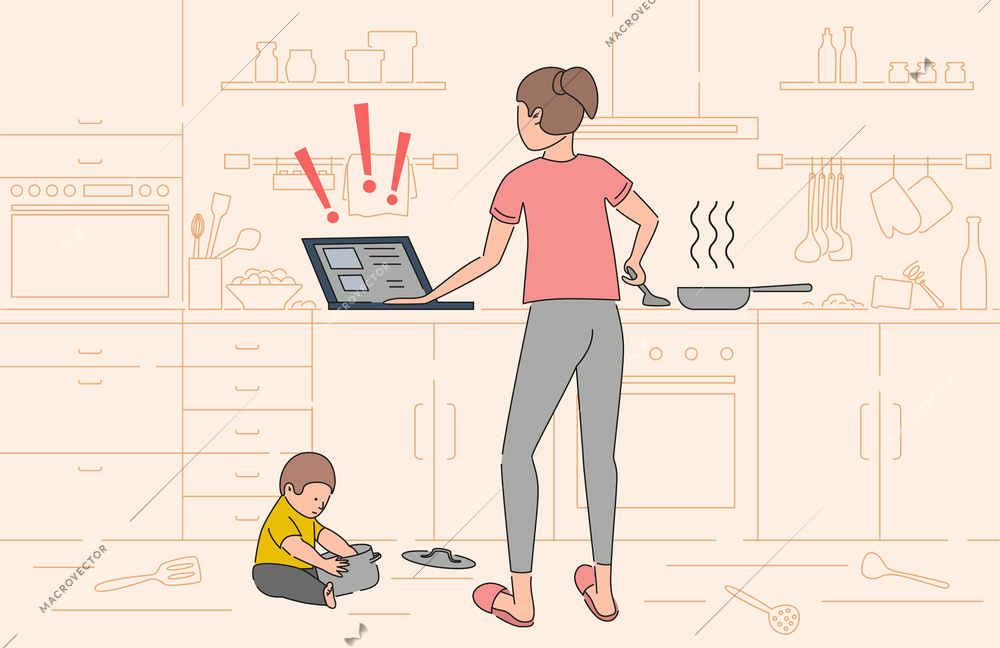 Work at home problems flat composition with young woman cooking homemade meal during remote work and her child playing with pan on floor vector illustration