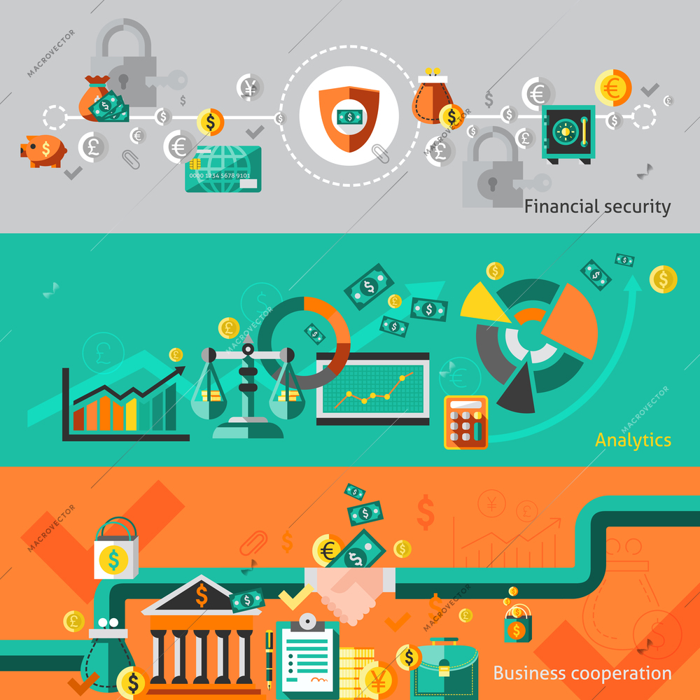 Finance banner set with financial security analytic business cooperation isolated vector illustration