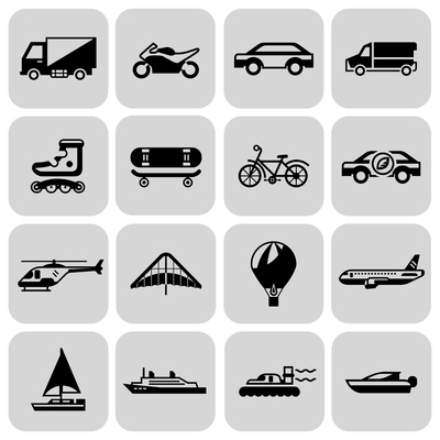 Transport black icons set with motorcycle car skateboard isolated vector illustration