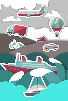 Transport paper background with airplane truck hot air balloon vector illustration