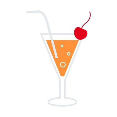 Alcoholic cocktail with cherry and straw flat icon vector illustration