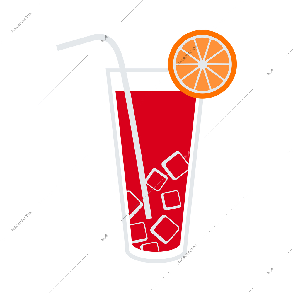 Flat glass of red cocktail with orange slice and straw vector illustration