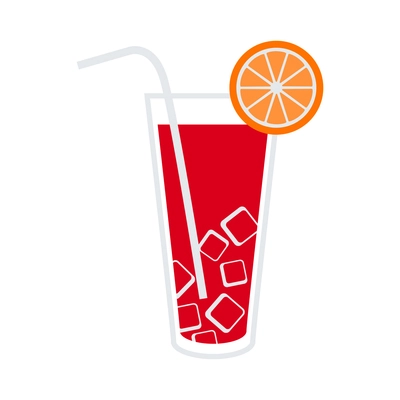 Flat glass of red cocktail with orange slice and straw vector illustration