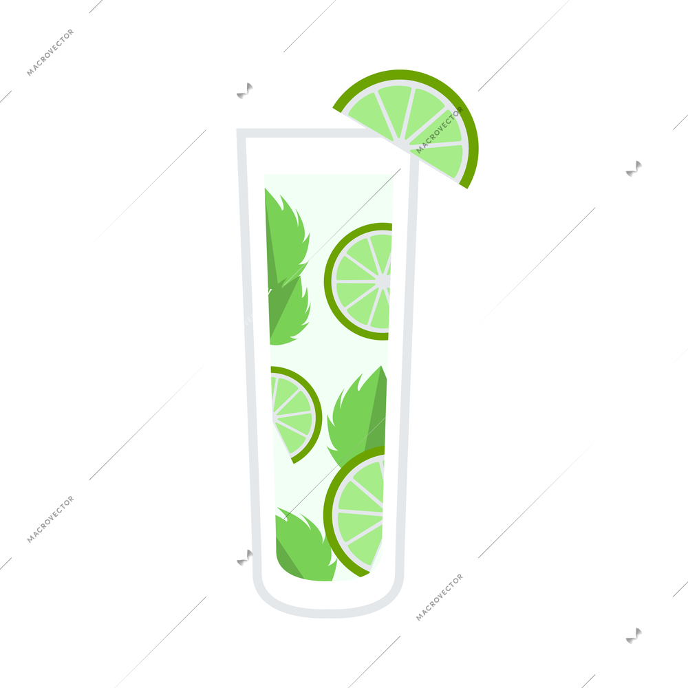 Mojito cocktail with lime and mint leaves flat icon vector illustration