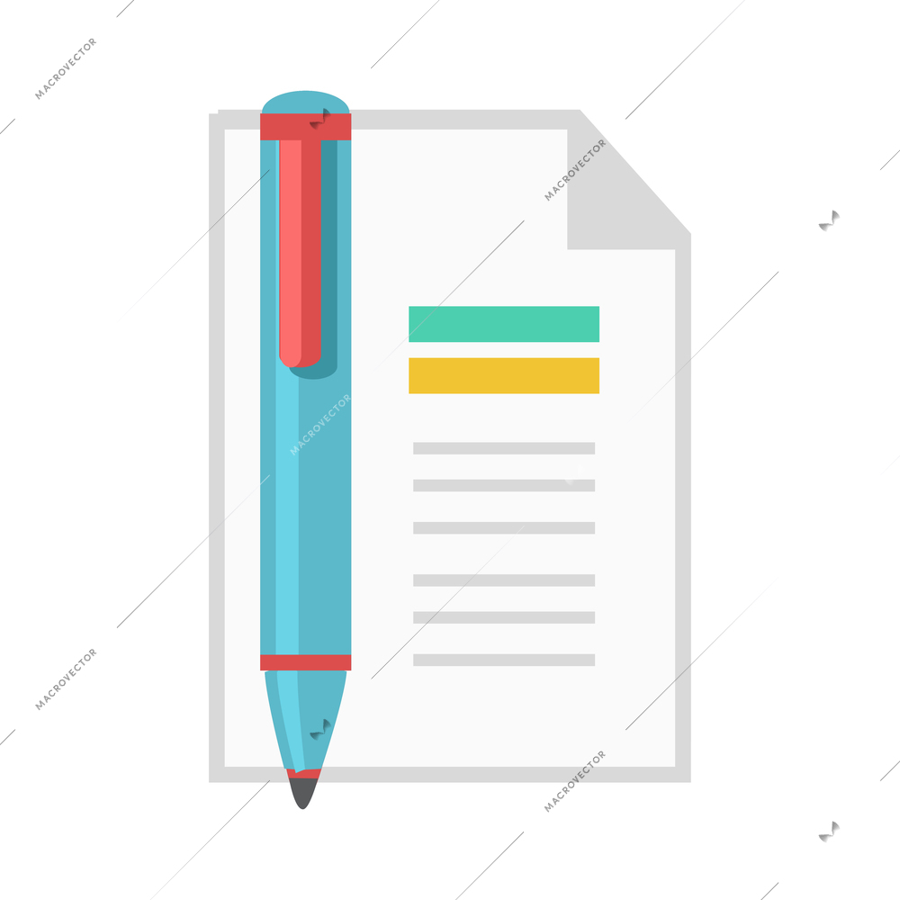 Document note flat icon with color sheet of paper and pen vector illustration