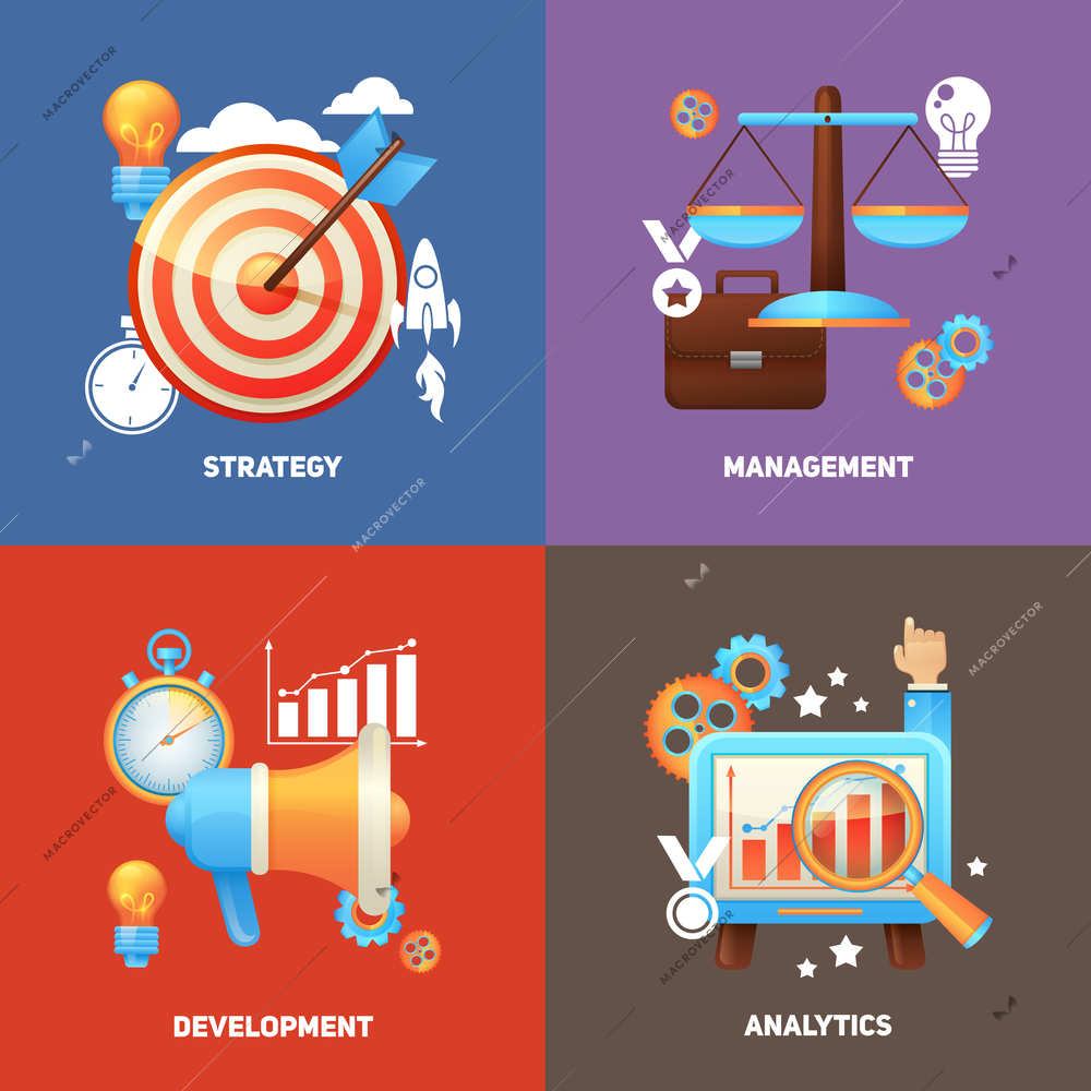 SEO concepts flat icons set with strategy management development analytics isolated vector illustration