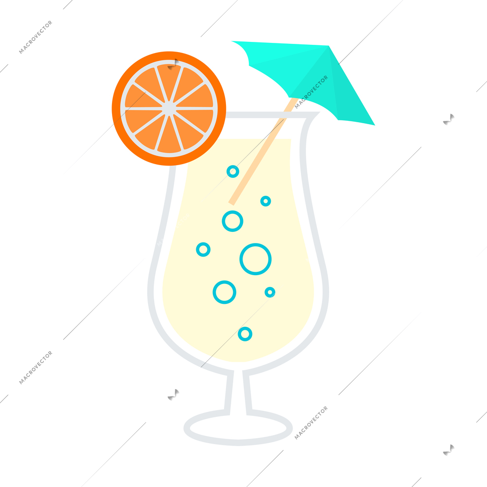Cocktail in glass with orange slice and umbrella flat icon vector illustration