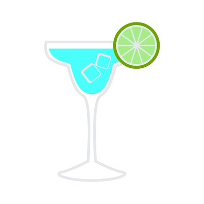 Glass of blue margarita cocktail with ice cubes and lime slice flat icon vector illustration