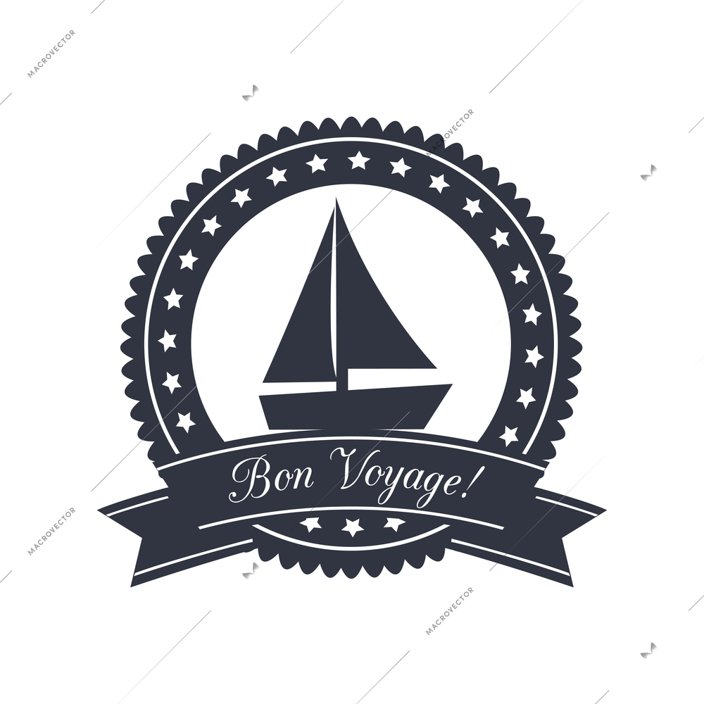 Bon voyage travel badge with yacht flat vector illustration