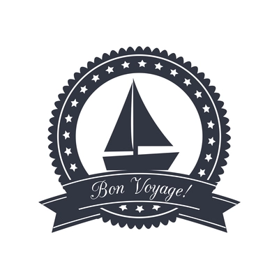 Bon voyage travel badge with yacht flat vector illustration