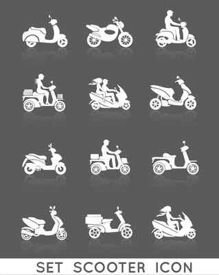 White scooter motorcycle vehicles with people silhouettes icons set isolated vector illustration