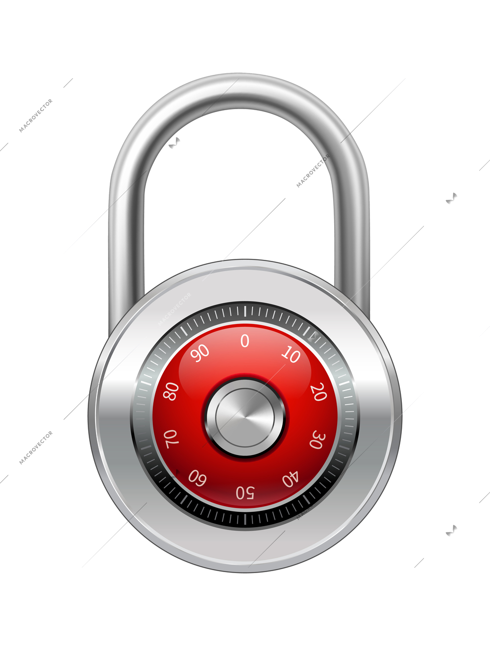 Closed red steel security lock protected by code combination realistic vector illustration