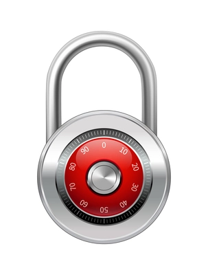Closed red steel security lock protected by code combination realistic vector illustration