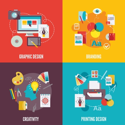 Graphic design flat icons set with branding creativity printing isolated vector illustration