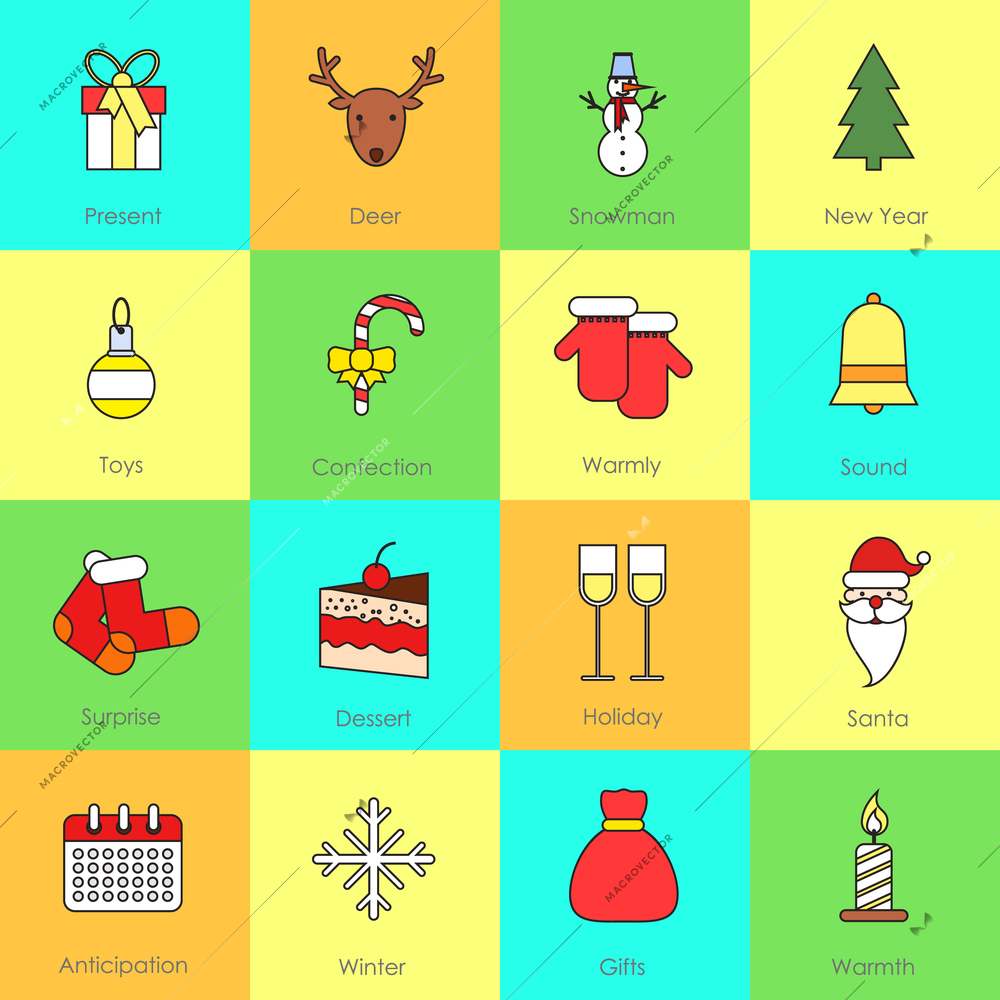 Christmas icons flat line set with present deer snowman isolated vector illustration