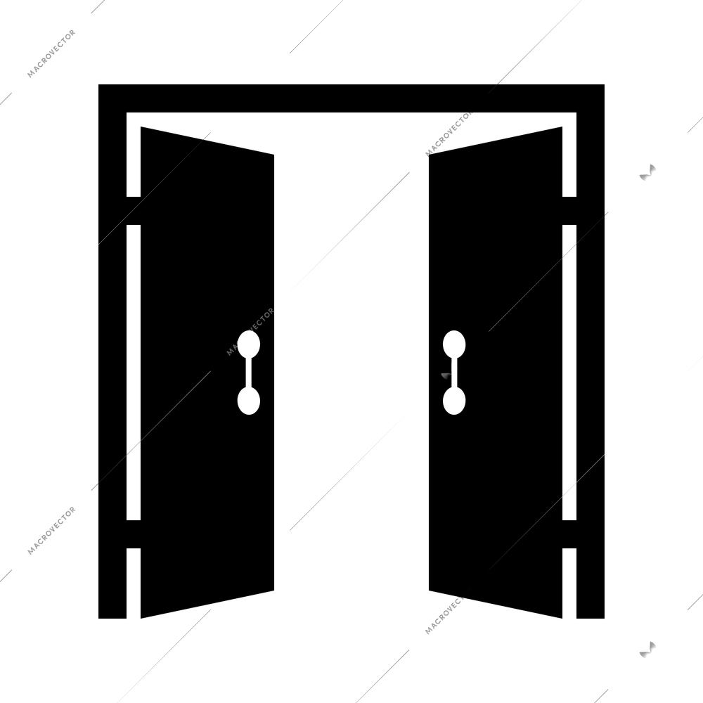 Open front double door black silhouette flat vector illustration