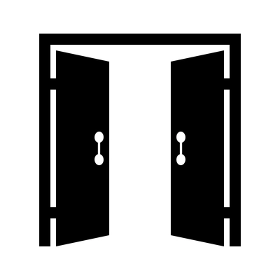 Open front double door black silhouette flat vector illustration