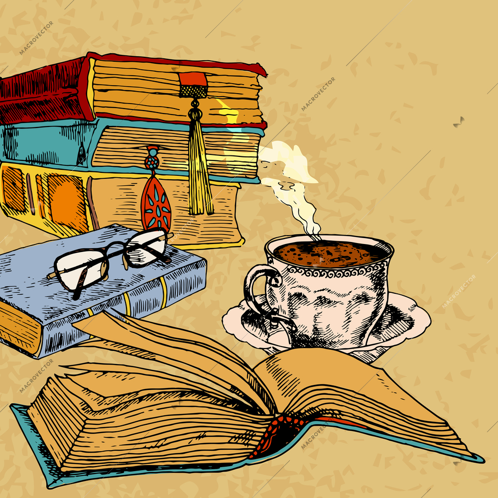 Vintage books with cup of coffee colored sketch decorative concept vector illustration