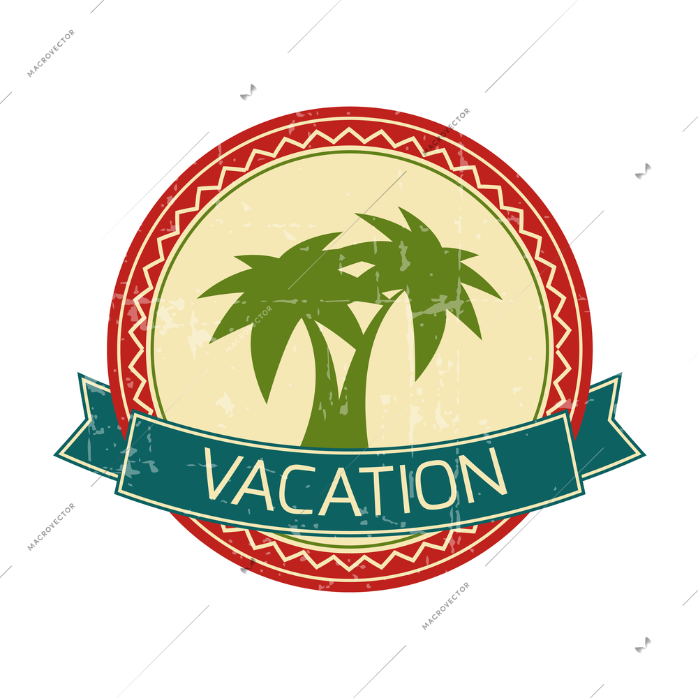 Vacation vintage round badge with green palms and ribbon flat vector illustration