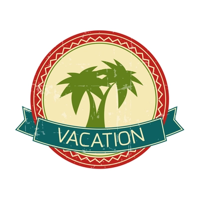 Vacation vintage round badge with green palms and ribbon flat vector illustration