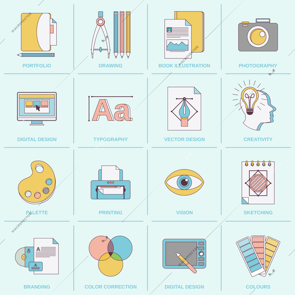 Graphic design flat line icons set with portfolio drawing book photography isolated vector illustration