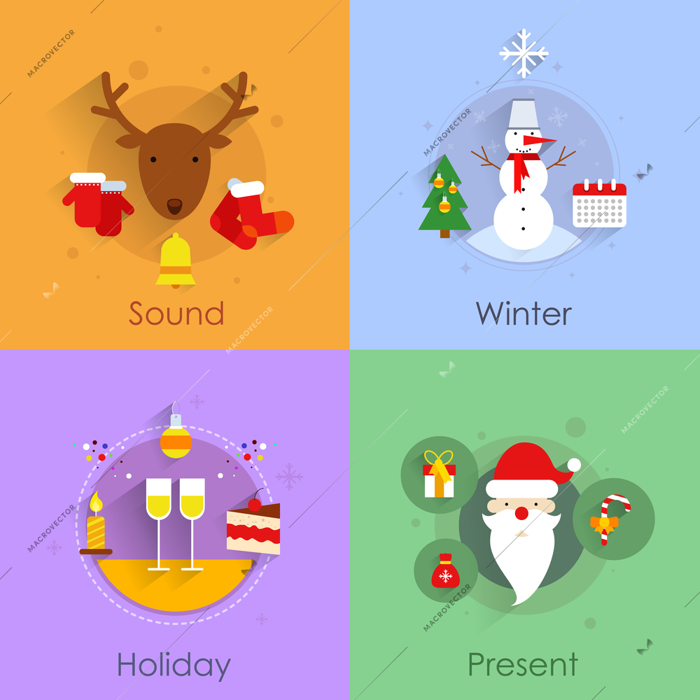 Christmas icons flat set with holiday sound winter present isolated vector illustration