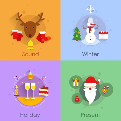 Christmas icons flat set with holiday sound winter present isolated vector illustration