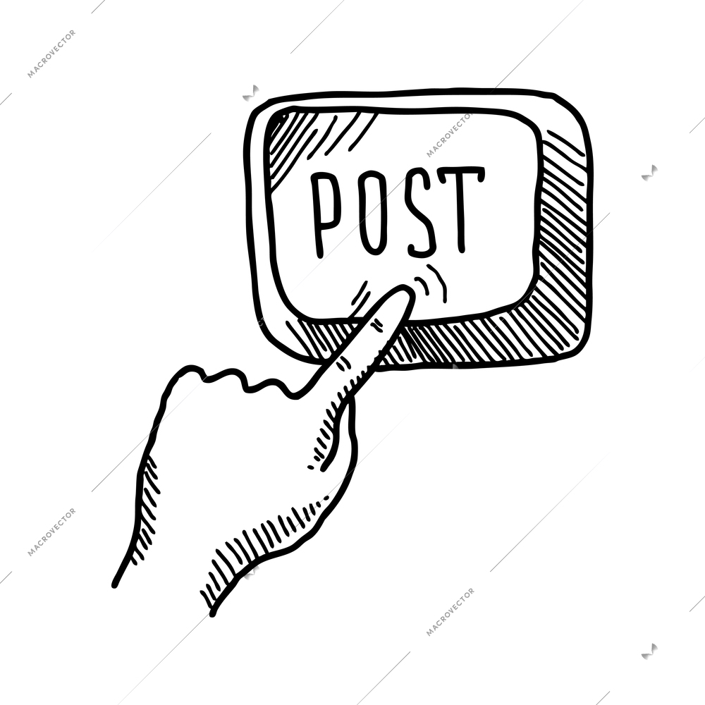 Doodle social network blogging icon with human finger pressing post button vector illustration