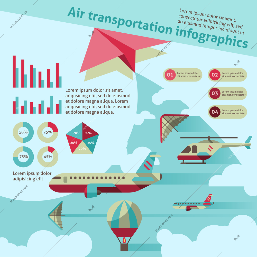 Air transport flat infographic set with airplane helicopter hot air balloon vector illustration