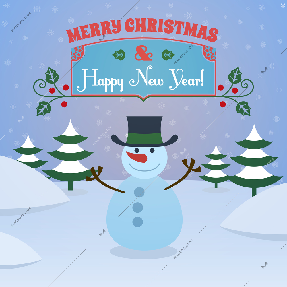 Merry christmas and happy new year holiday background with snowman and pine trees vector illustration