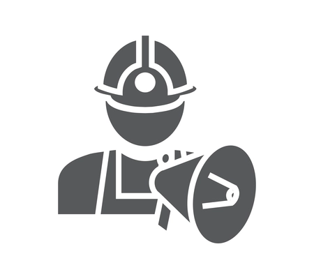 Flat construction icon with worker silhouette and megaphone vector illustration