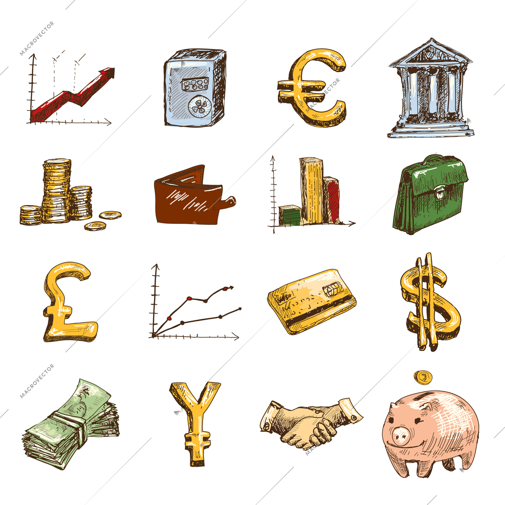 Finance banking business money exchange sketch colored icons set isolated vector illustration