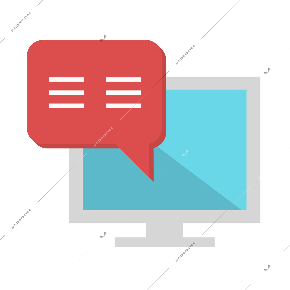 Online chat flat icon with red speech bubble and computer vector illustration