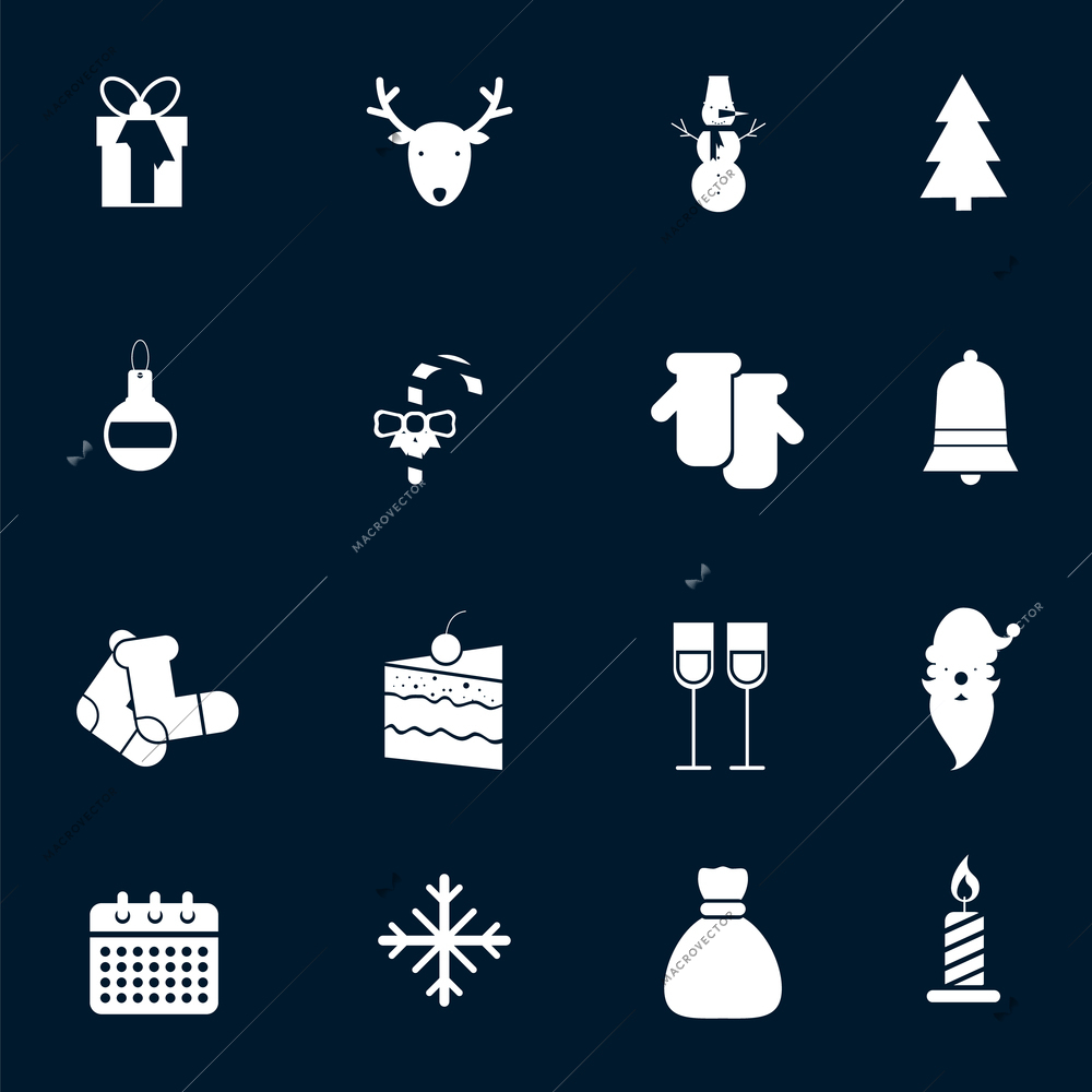 Christmas new year white icons set with decoration ball candy cane warm gloves isolated vector illustration