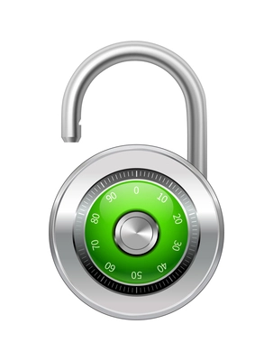 Realistic open green steel padlock with code combination vector illustration