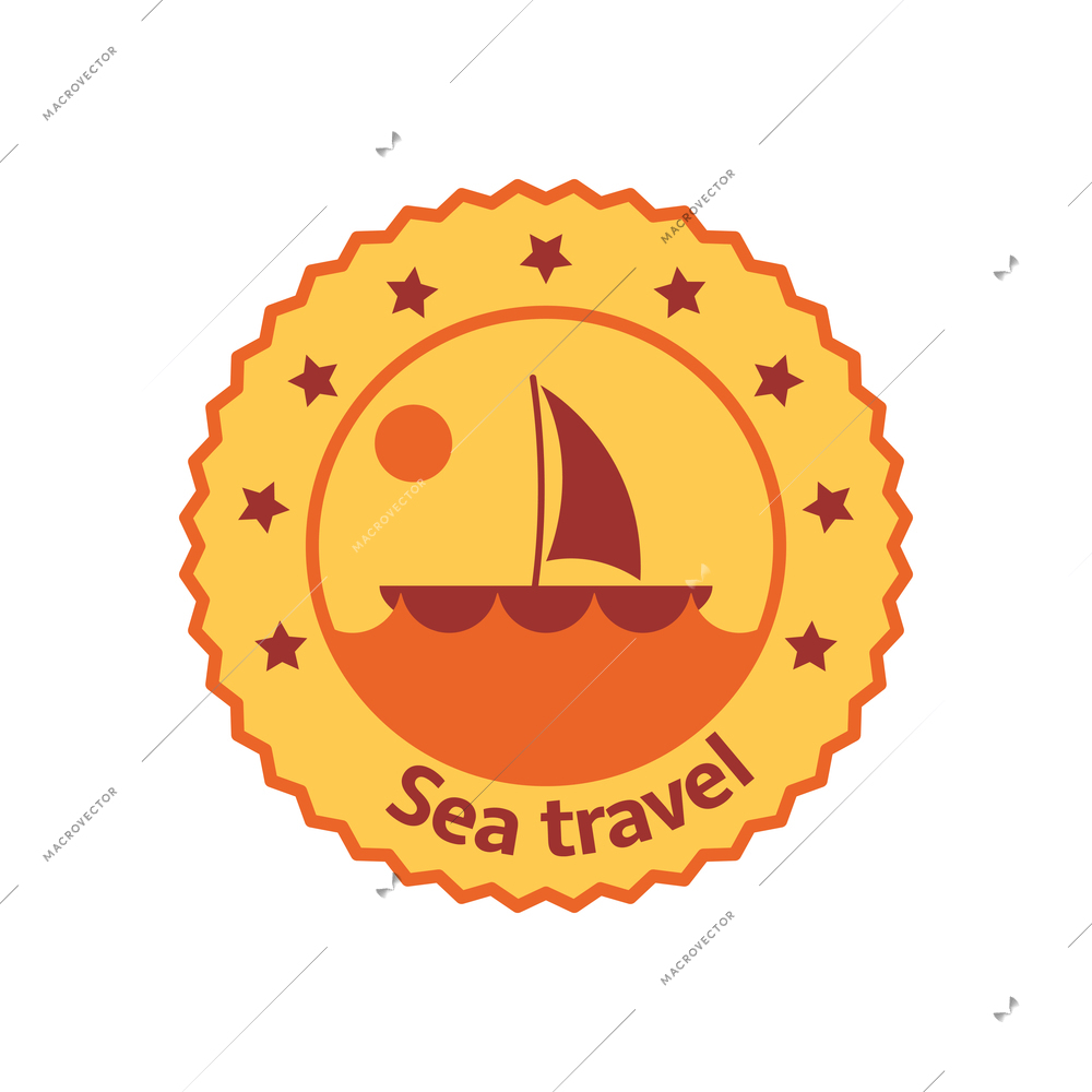 Sea travel flat round badge with yacht image vector illustration