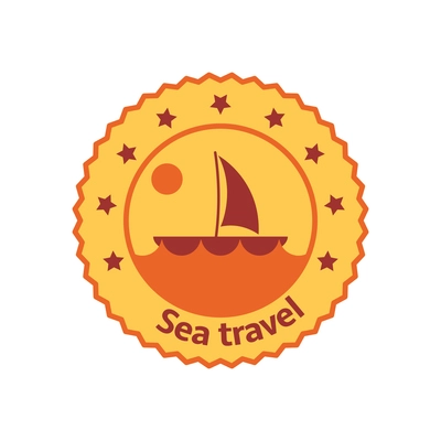 Sea travel flat round badge with yacht image vector illustration