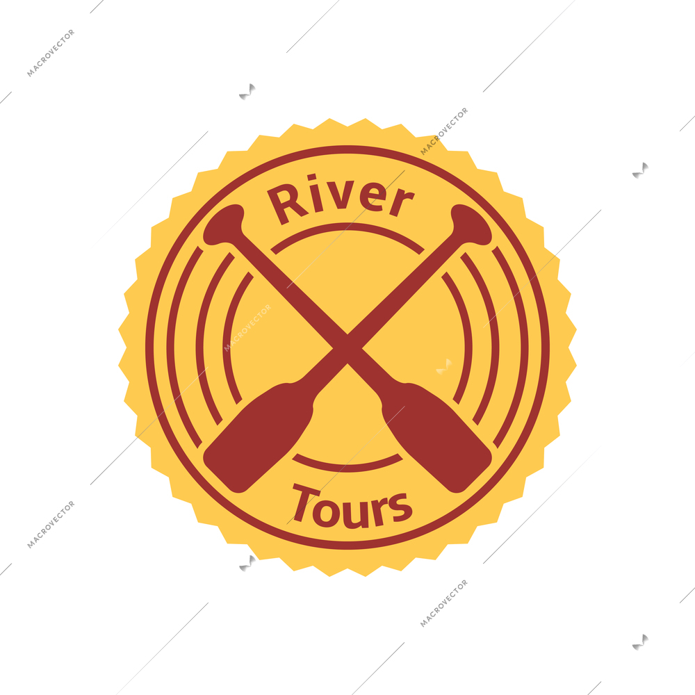 River tours flat round yellow badge with two paddles vector illustration